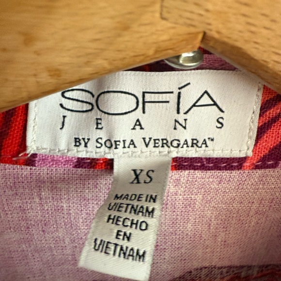 Sofia by Sofia Vergara Pink & Red Leaf Tropical Button Down Linen Shirt Size XS - Picture 2 of 6